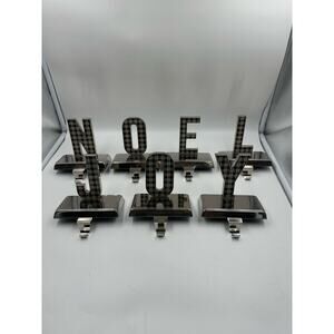 Lot 7 Metal Silver NOEL @ JOY Christmas STOCKING HANGERS Holder Mantel Plaid